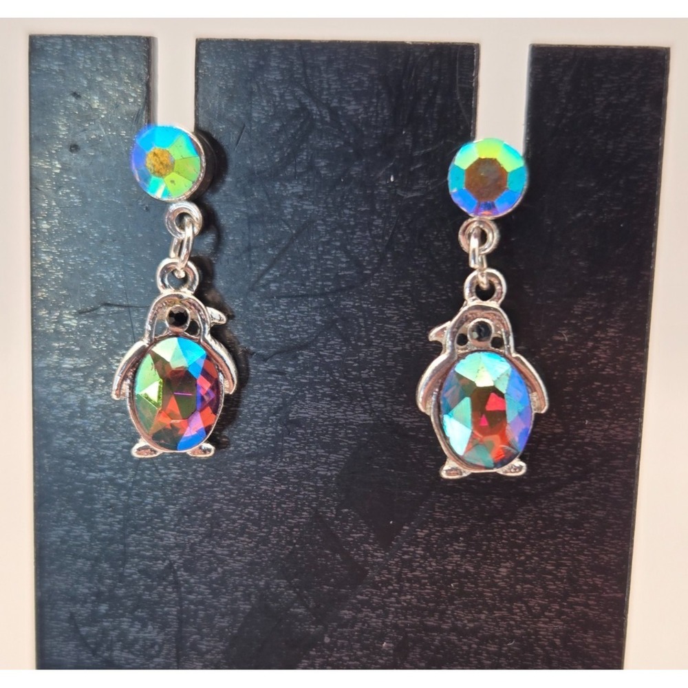 Silver-Toned Iridescent Crystal Penguin Dangle Earrings winter animal fun cute